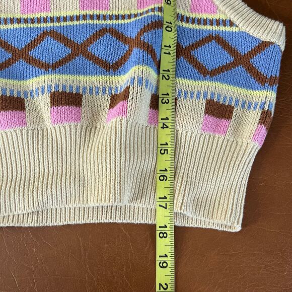 PacSun LA Hearts Sweater Vest Jr Medium Tan Blue Pink Geometric Pattern Retro - Picture 7 of 7